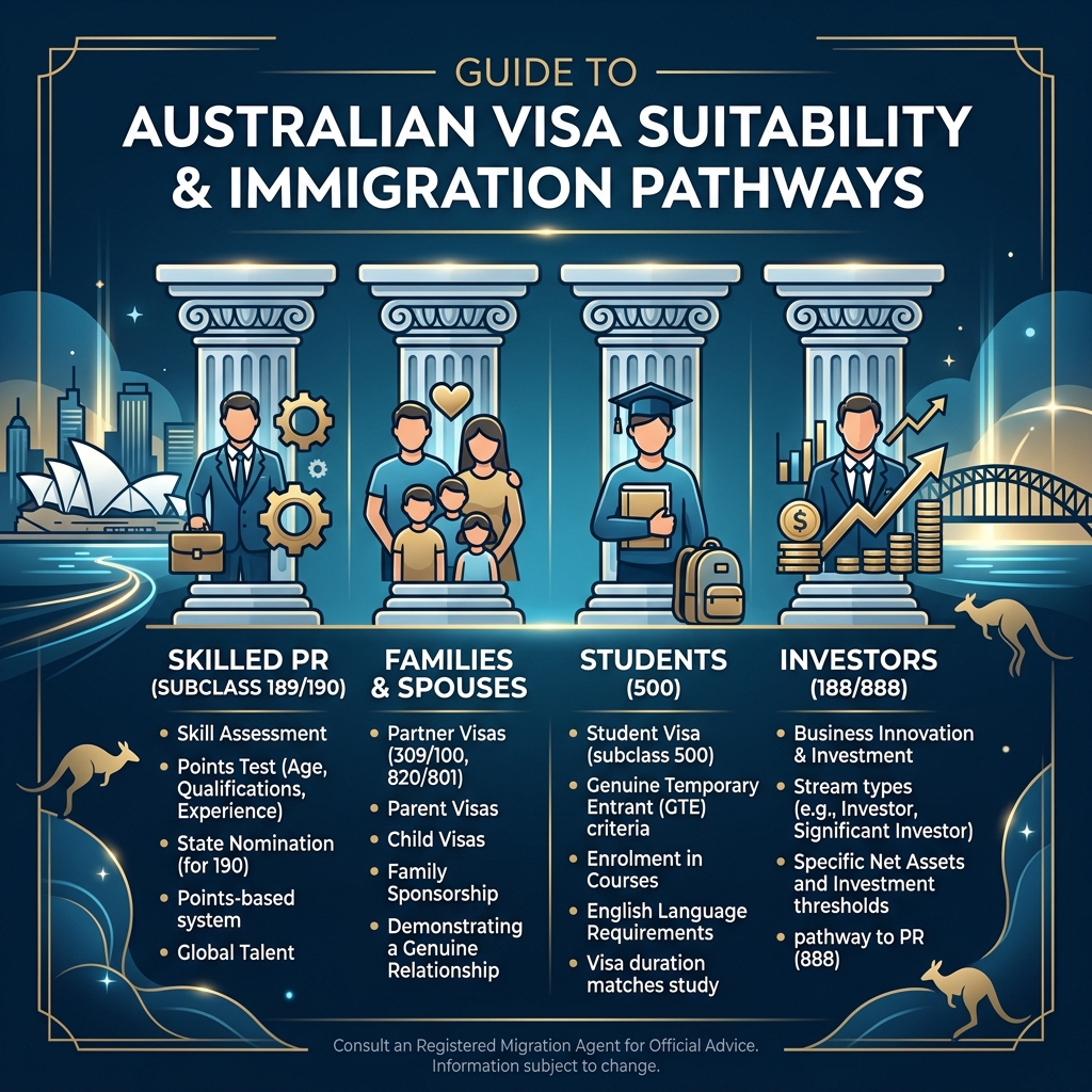 Visa suitability infographic guide representing Skilled, Family, Student, and Investor visa sectors for Australia