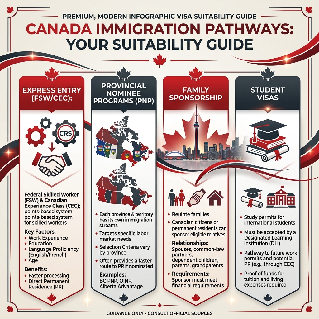 Visa suitability infographic guide representing Skilled, Family, Student, and Investor visa sectors for Canada