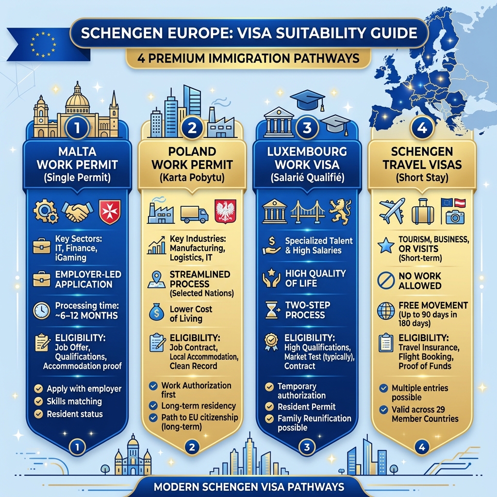 Visa suitability infographic guide representing Skilled, Family, Student, and Investor visa sectors for Europe