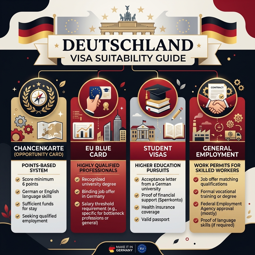 Visa suitability infographic guide representing Skilled, Family, Student, and Investor visa sectors for Germany
