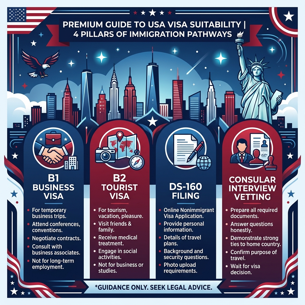 Visa suitability infographic guide representing Skilled, Family, Student, and Investor visa sectors for USA
